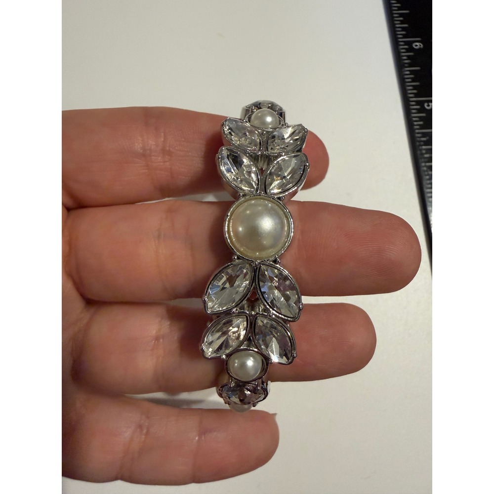 Silver Tone Faux Pearl and Crystal Floral Statement Cuff Bracelet Bridal Wedding